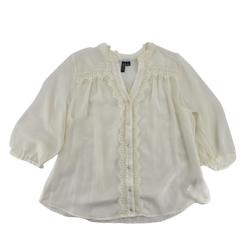 Vintage Y2K Relativity Blouse Sheer Cream Lace Trim Eyelash Fringe 3/4 Sleeve 1X